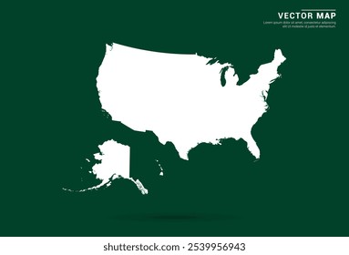 Mapa blanco minimalista de Estados Unidos de América (EE.UU.) sobre un fondo verde profundo, diseño de Vector.