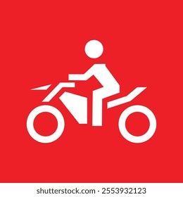 Minimalistic white motorcycle icon with a rider on a bold red background, suitable for transportation, delivery, or automotive themes