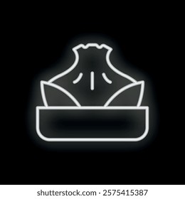 Minimalistic white neon icon of steaming khinkali in a traditional bowl, isolated on black background