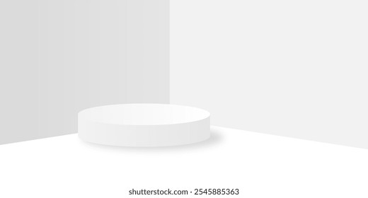 A minimalistic white podium stands centrally against a grey and white background, perfect for product displays or presentations. Vector illustration