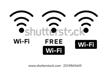 Minimalistic WiFi icon set, router wireless technology. Free wireless zone. Public wifi area solid sign. Internet connection symbols. Public wifi area solid sign. Vector, white background, isolated