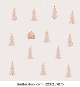Minimalistic winter illustration in scandinavian style. House surrounded by trees. Minimal landscape with spruce forest. Stock vector illustration.