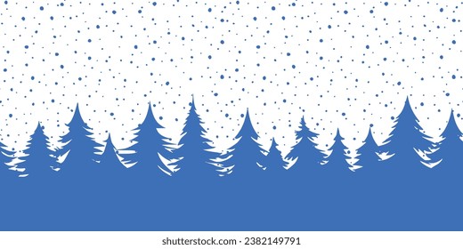 Minimalistic winter landscape, cartoon nature, forest and falling snow, seamless border, vector illustration