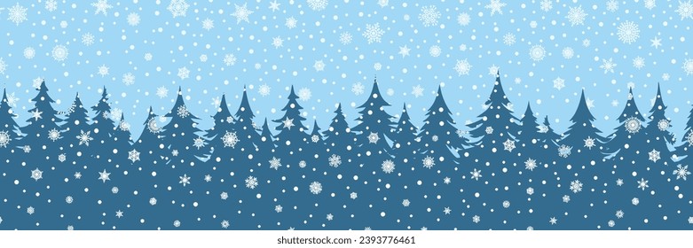 Minimalistic winter landscape, cartoon nature, forest and falling snow, snowflakes, seamless border, vector illustration