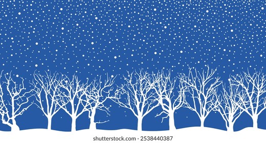 Minimalistic winter landscape, cartoon nature, forest and falling snow, vector illustration