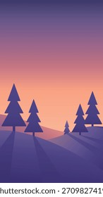 Paisaje invernal minimalista de amanecer o atardecer en estilo escandinavo. Arte vectorial degradado en colores morados. Dibujado a mano ilustración original para composiciones festivas.