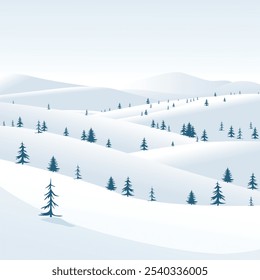 Minimalistic winter landscape illustration with snow-covered hills and scattered pine trees under a soft, pale sky. Tranquil and serene scene, perfect for holiday themes and seasonal designs