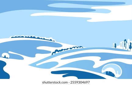 Minimalistic winter landscape illustration with snowy hills and a serene blue sky is ideal for greeting cards, seasonal designs, website headers