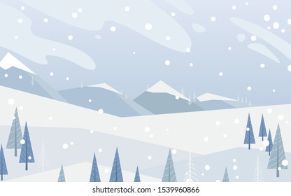 Minimalistic winter landscape with mountains and fir trees. Flat illustration, snow peaks.