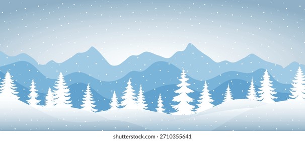 Paisaje invernal minimalista, montañas y bosque, nevadas y nevadas, naturaleza de dibujos animados, Ilustración vectorial
