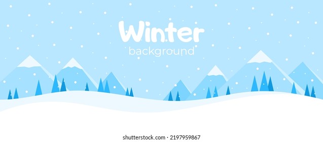 Minimalistic winter landscape with mountains, spruces and snow. Christmas background. Flat vector illustration