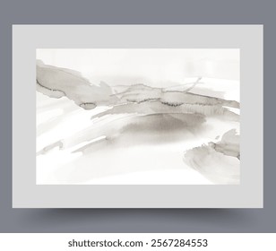 Minimalistic winter landscape with snowdrifts on ground that appeared after long snowfall and blizzard. Snowy watercolour mountains on arctic landscape on interior poster, for room wall design