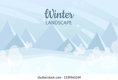 Minimalistic winter landscape with snowy mountains and white trees, blue background, flat illustration