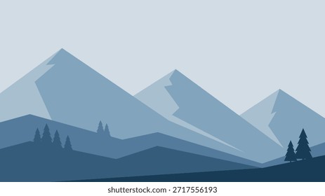 Paisaje de invierno minimalista con tres montañas en colores azules. Arte vectorial en estilo escandinavo. Dibujado a mano ilustración