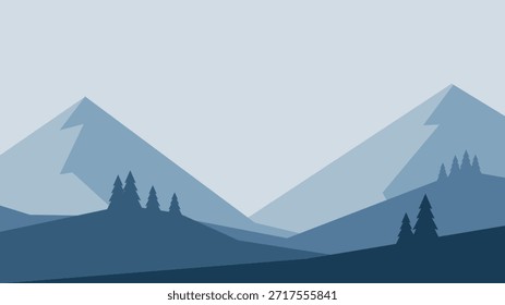 Minimalistische Winterlandschaft mit zwei Bergen in blauen Farben. Vektorkunst im skandinavischen Stil. Handgezeichnete Illustration