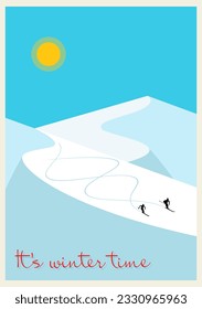 A minimalistic winter mountain landscape with two skiers. The concept poster of a ski resort. For websites, wallpapers, posters or banners.