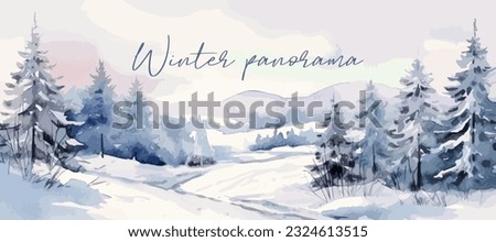 Minimalistic winter panoramic landscape with copy space, vector watercolor style. Vector illustration