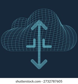 Una ilustración minimalista de estructura metálica de una nube con una flecha que apunta hacia arriba y un ícono de Descarga dentro.
