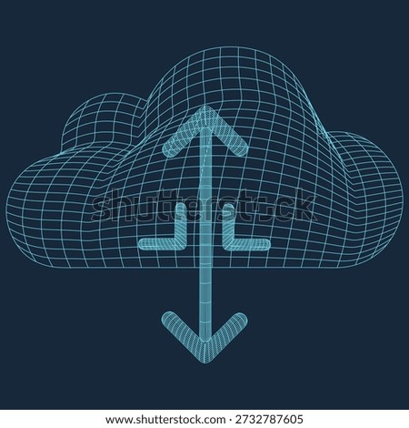 A minimalistic wireframe illustration of a cloud with an upward-pointing arrow and a download icon inside.