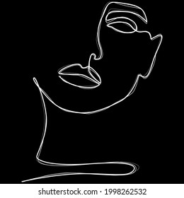 Minimalistic woman face silhouette vector illustration. Black and white. Black background. One line drawing.