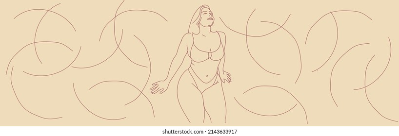 Minimalistic woman figure, vector illustration line art drawing banner. Curvy plus size female body, menstruation cycle