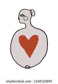 Icono de mujer minimalista con corazón rojo, el concepto de amor propio, atención de salud, buena autoestima, trabajo con un psicólogo. Ilustración de la línea del vector aislada en el fondo blanco.