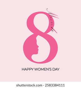 Minimalistic Women's Day greeting card featuring the number 8 creatively designed with a silhouette of a woman, symbolizing strength and femininity. Perfect for celebrating International Women's Day 