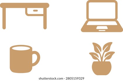 Minimalistic workspace with a desk, laptop, coffee mug, and potted plant creating a cozy atmosphere