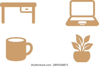 Minimalistic workspace featuring a desk, laptop, coffee mug, and potted plant for productivity