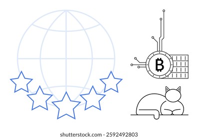 Minimalistic world grid with five stars, Bitcoin cryptocurrency circuit symbol, relaxing cat. Ideal for technology, finance, cryptocurrency, global rating, minimalism