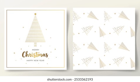 Minimalista Plantilla de Navidad. Simple tarjeta de feliz Navidad y patrón sin fisuras con el árbol de Navidad de oro, letras. 