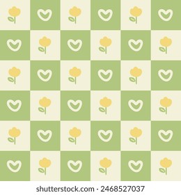 Minimalistic Yellow Flowers and Hearts on a Green Checkered Background