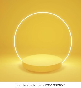 Minimalistic yellow podium with neon round lamp for product presentation