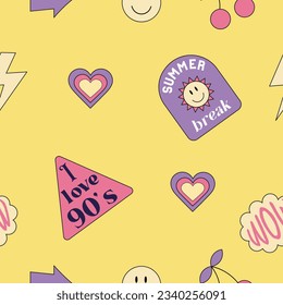 Minimalistic yellow seamless pattern with retro shapes, smiles and stickers. 1990s style colorful positive vector wallpaper 