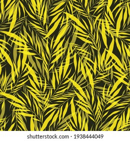 Minimalistic Yellow Transparent Leaves Palm Tree On Green Backdrop. Vintage Exotic Collage Tropical Plants Seamless Pattern. Contemporary Vector Decoration Art. Tropic Chaos Illustration.