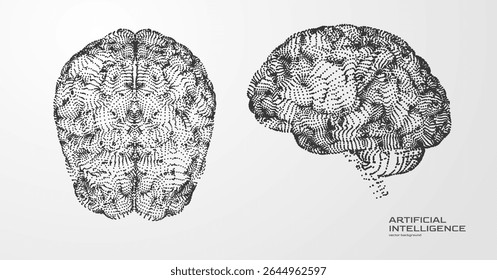 Minimalistic yet complex brain grayscale map with floating particles, representing cognitive computing and deep learning algorithms. Suitable for fintech dashboards or psychology blogs.