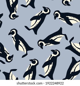Minimalistic zoo seamless pattern with cartoon random penguins silhouettes. Light blue background. Perfect for fabric design, textile print, wrapping, cover. Vector illustration.