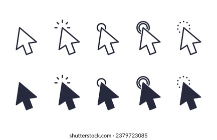 Minimalistick cursor mouse pointer with clicking wave vector icon set. Computer mouse vector icon. 
