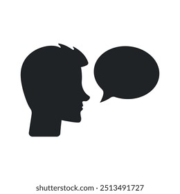 Minimalistick talking man silhouette with speech bubble. Sideways looking face icon.