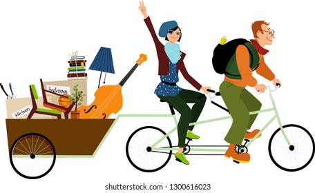 Minimalists couple on a tandem bicycle with all their belongings in a cargo trailer, EPS 8 vector illustration