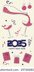 Minimalists Creative Design to 2025 Happy New Year Celebration. Banner with a Doodle drawing of a Champagne bottle and full wine glasses. Vector Illustration