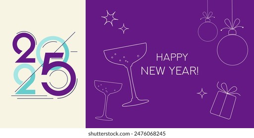 Minimalists Creative Design to 2025 Happy New Year Celebration. Banner with a Doodle drawing of a Champagne bottle and full wine glasses. Vector Illustration