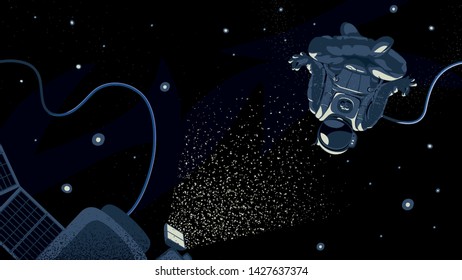 minimalists style business illustration with an astronaut in open space, man is meditating while flying in open space