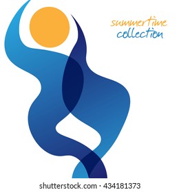 minimalists summer poster, vertical blue transparent waves on white. sun, sky and water symbol