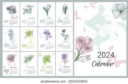 Minimalizim flower calendar by months of botany Vector illustration.