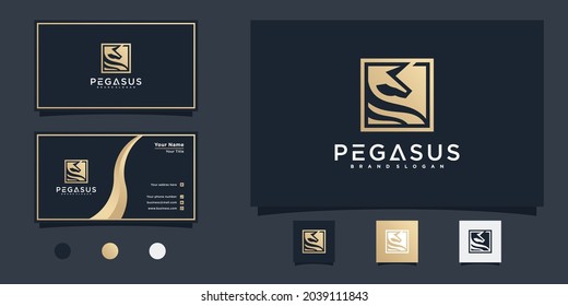 Minimallist Pegasus logo design with unique box line shape, nature, park, horse, gold gradeint, Premium Vecto