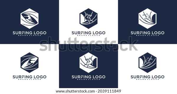 Minimallist surfing logo design template with\
hexagon box shape Premium\
Vector