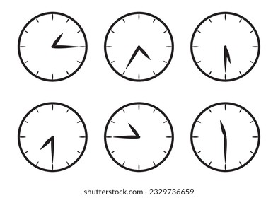 Minimals time and clock icon set. Half past and more of the clock sign. Complete twelve hours pointed clockwise o'clock vector illustration. Thin line designs style
