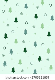 Minimal-style seamless pattern focusing on green-toned Christmas trees and neat snowflakes over a light green background. Perfect for simple holiday cards, refined packaging, and calm festive designs.
