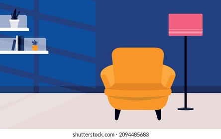 Minimal-styled room. Vector illustration in flat design. Nighttime interior with yellow armchair, retro-styled lamp and book shelves